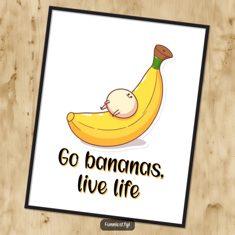 Funny Free Printable Wall Art: Small round character with tiny legs gleefully rolling down a giant banana peel, a comical scene.