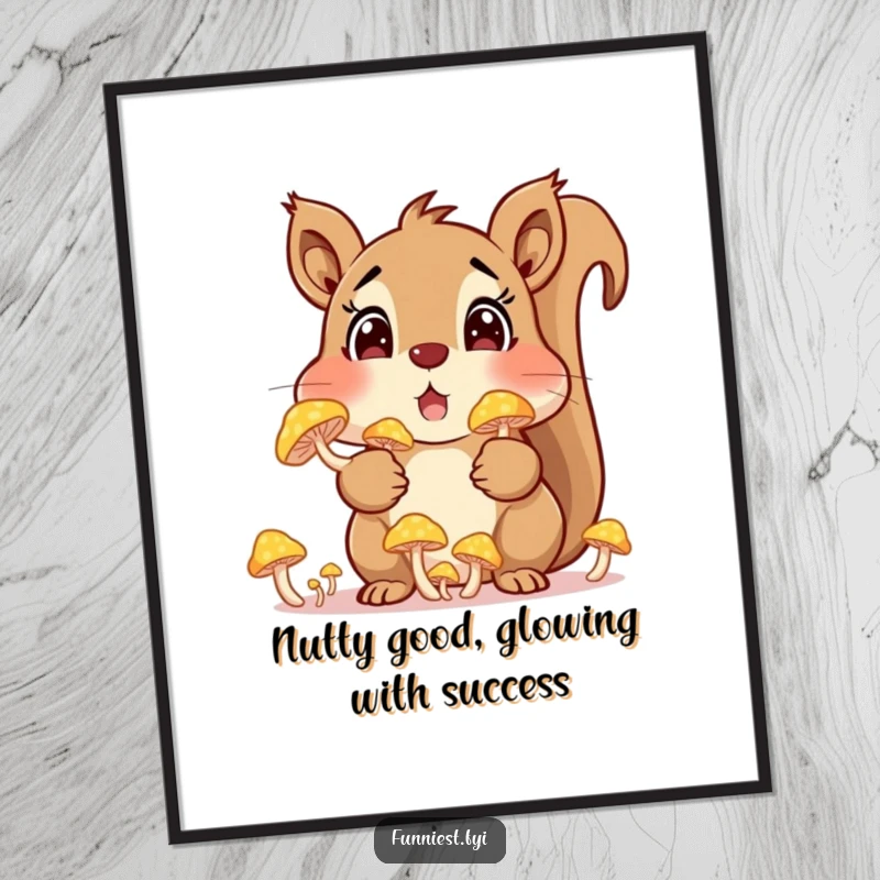 Funny Free Printable Wall Art: A surprised squirrel has its cheeks comically stuffed full of glowing, magical mushrooms, adding whimsy.