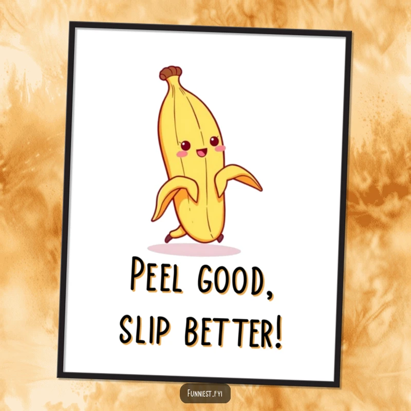 Funny Free Printable Wall Art: A cartoon banana peel character comically performing a slapstick slip on its own peel, mid-air.