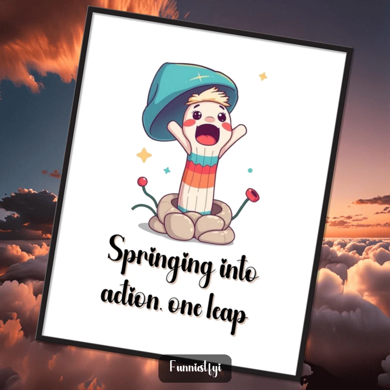 Funny Free Printable Wall Art: A startled sock puppet character is suddenly propelled from a spring, creating dynamic, humorous art.