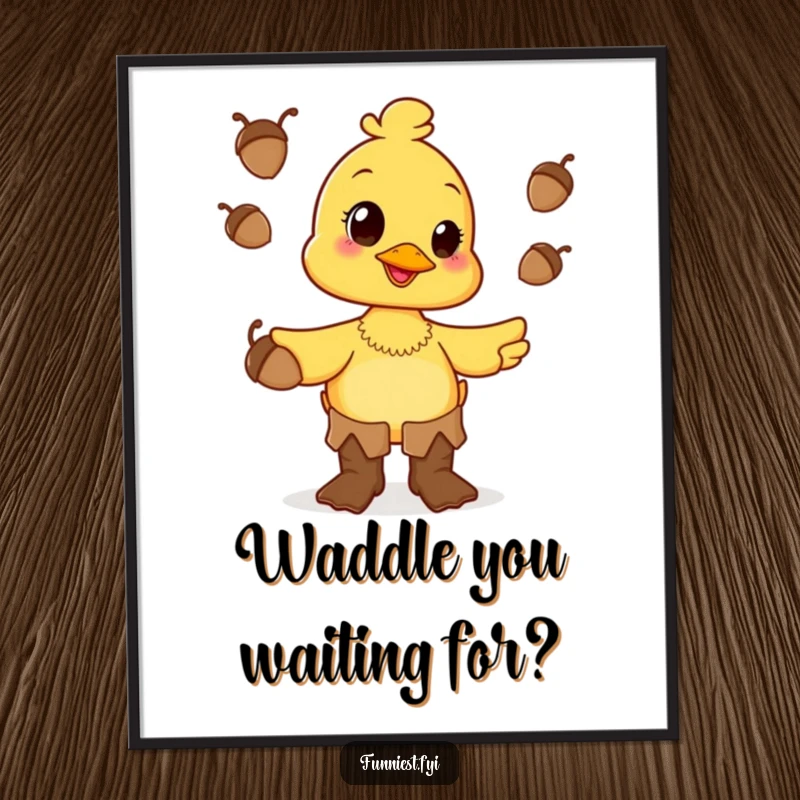 Funny Free Printable Wall Art: A happy duck character wearing oversized boots and juggling acorns, creating cheerful and charming downloadable decor.