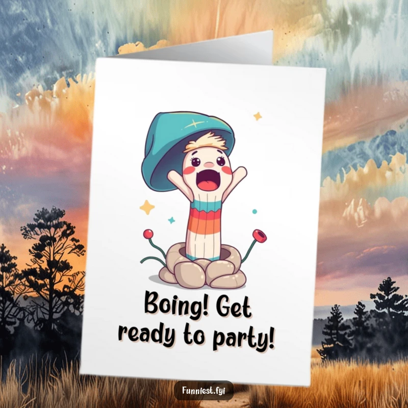 Funny Free Printable Birthday Card: A shocked sock puppet character springs wildly upwards, expressing surprise and excitement.