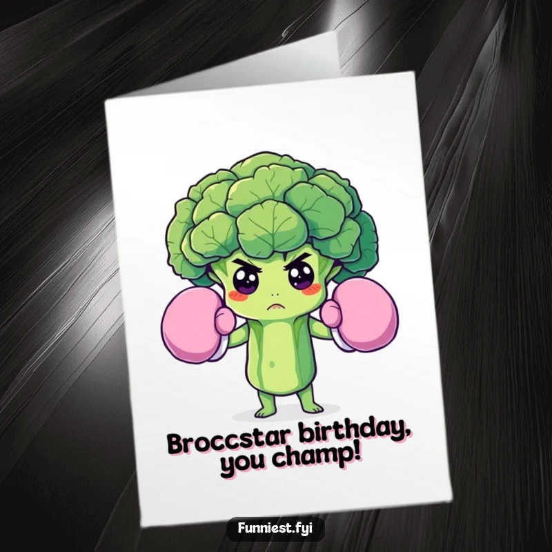 Funny Free Printable Birthday Card: Determined broccoli floret in huge boxing gloves, ready to knock out birthday fun with a grin.