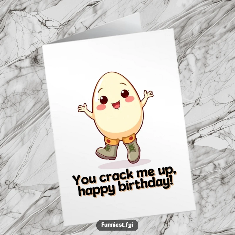Funny Free Printable Birthday Card: Cheerful egg in oversized boots doing a clumsy jig, perfect DIY gift for laughter.