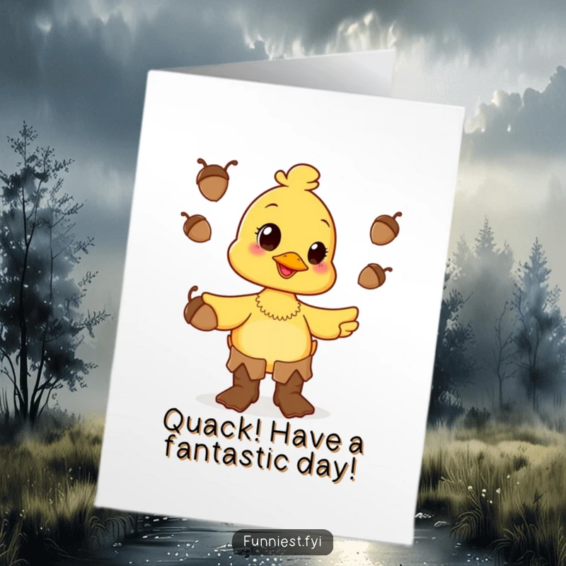 Funny Free Printable Birthday Card: Happy duck in oversized boots juggling acorns, perfect for a humorous downloadable birthday gift.