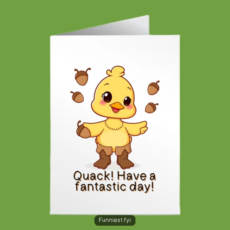 Free Printable Birthday Card: Happy Duck Juggling Acorns - Funny Downloadable Gift