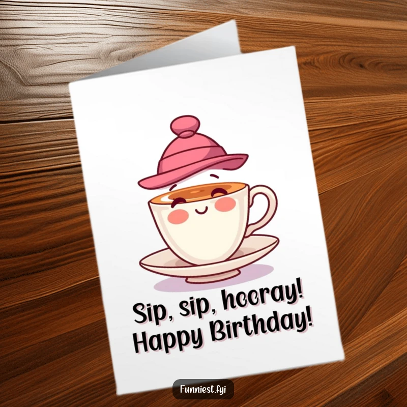 Funny Free Printable Birthday Card: A teacup wearing a fancy hat, joyfully spinning around, celebrating a special day.