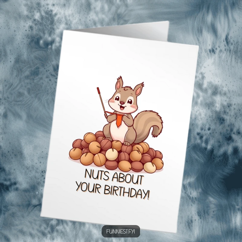 Funny Free Printable Birthday Card: A squirrel proudly holds a banner atop a huge pile of nuts, ready for a birthday win.