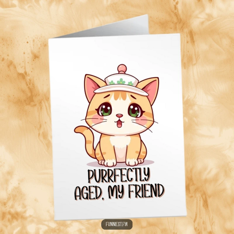 Funny Free Printable Birthday Card: Surprised cat accidentally wearing a teacup as a hat, delightful and humorous downloadable gift.