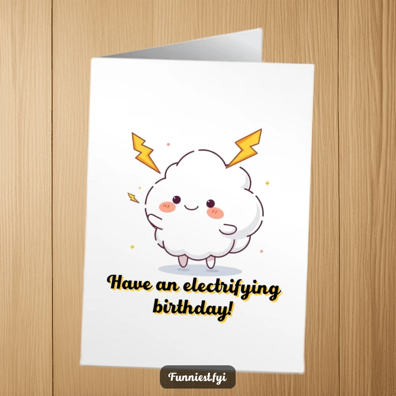 Funny Free Printable Happy Birthday card: a fluffy cloud juggles lightning bolts, bringing stormy, humorous wishes.