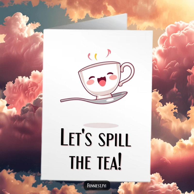 Funny Free Printable Birthday Card: Singing teacup performing a balancing act on a spoon, joyful and comical.