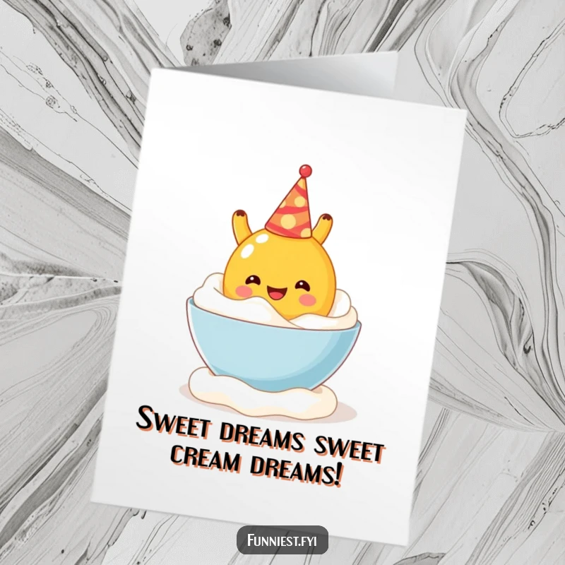 Funny Free Printable Birthday Card: Cheerful fruit character in party hat falling backward into whipped cream, making a hilarious mess.