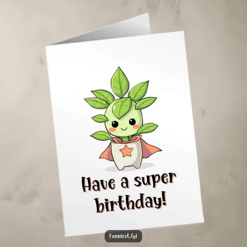 Funny Free Printable Birthday Card: A happy little houseplant character proudly sports a tiny superhero cape, ready to save the day.