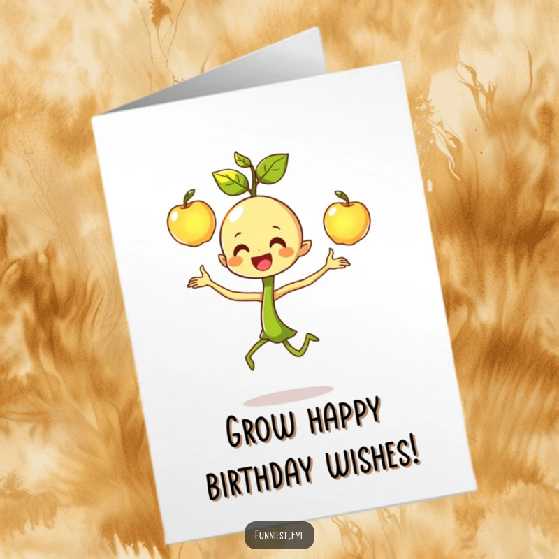 Funny free printable birthday card featuring a dancing sprout character joyfully juggling three shiny apples with intense focus.