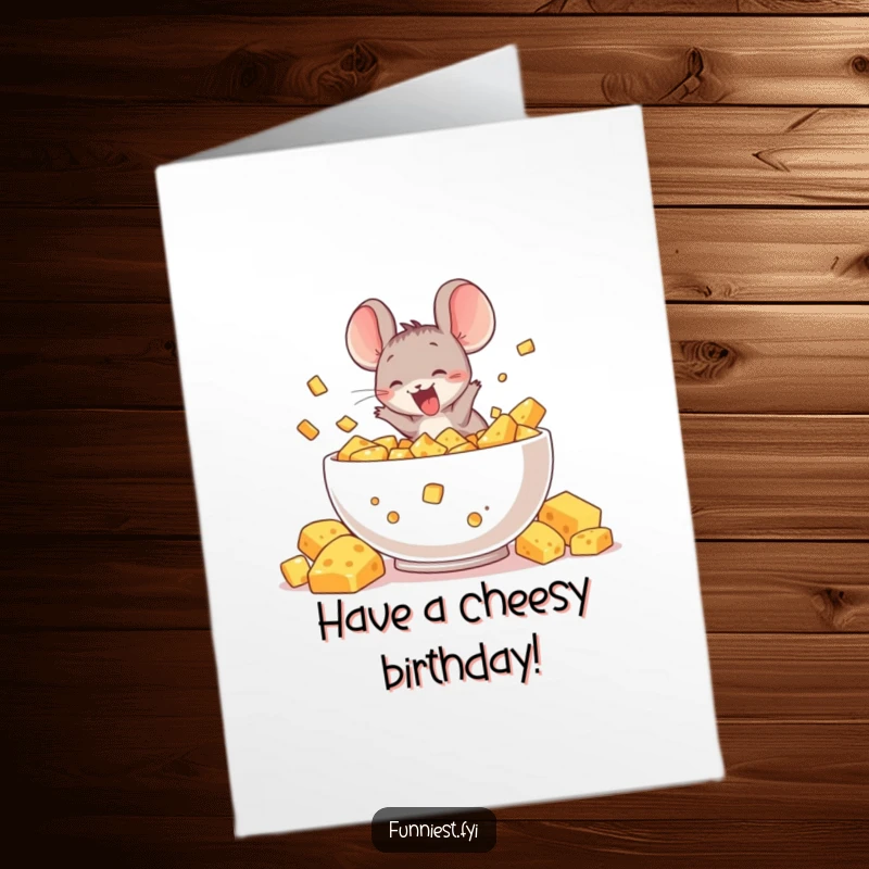 Free Printable Birthday Card: A delighted mouse character joyfully diving headfirst into a massive bowl of cheese.