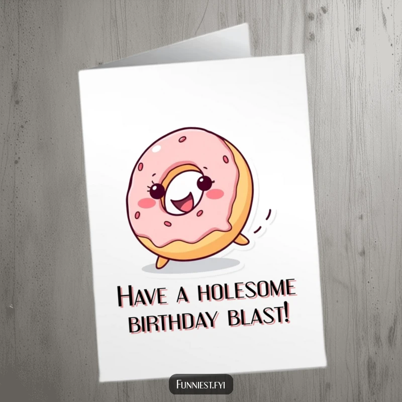 Funny Free Printable Birthday Card: A mischievous donut happily rolls downhill, exuding pure birthday joy and a wide grin.