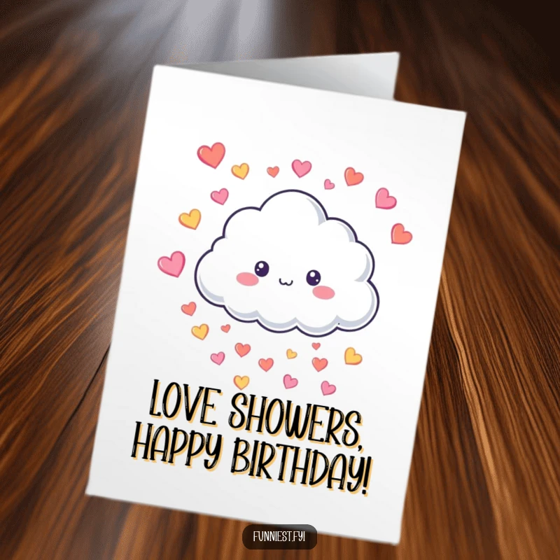 Funny Free Printable Cloud Card raining colorful hearts with a wide smile, perfect for delightful birthday greetings.