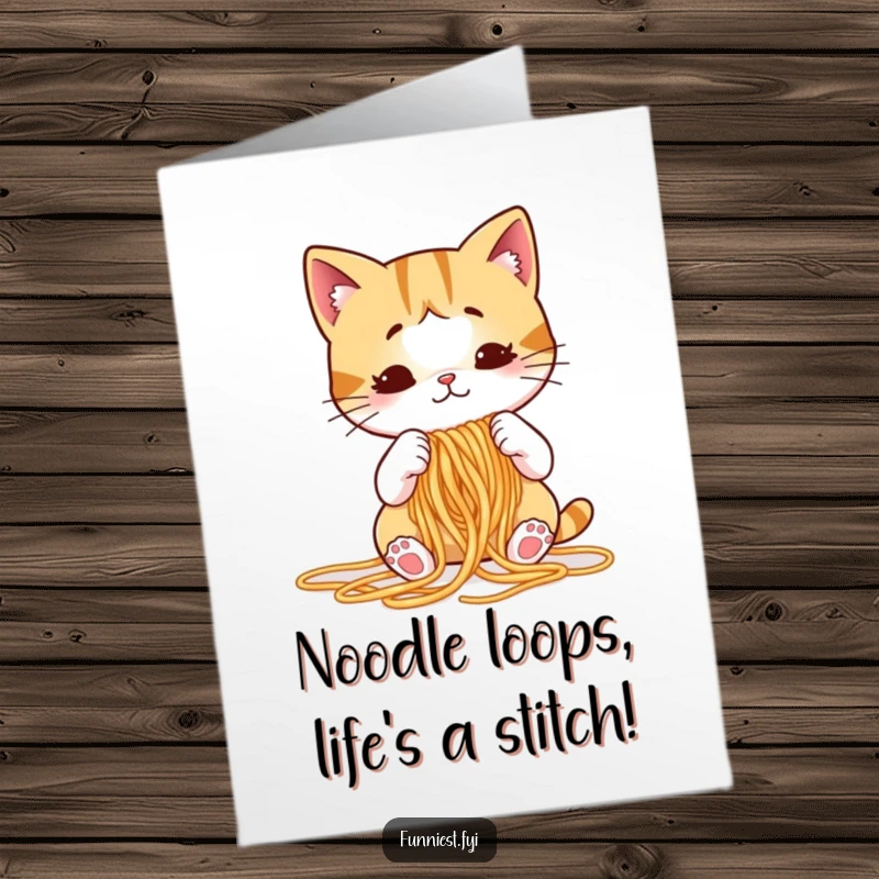 Funny Free Printable Birthday Card: Puzzled cartoon cat hilariously attempts to knit spaghetti noodles, perfect for a unique DIY gift.