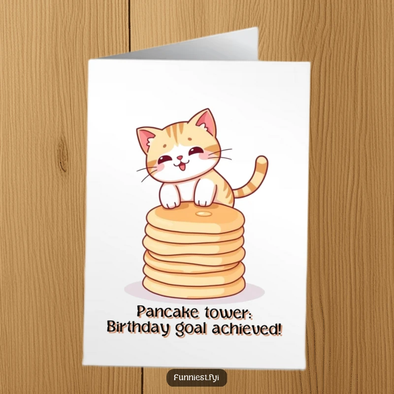 Funny free printable birthday card: a clumsy cat hilariously balancing on a precarious stack of pancakes.