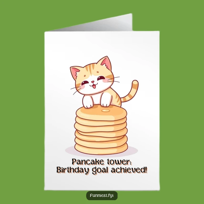Funny Free Printable Birthday Card: Wobbly Cat Pancake Balance - Downloadable Gift!