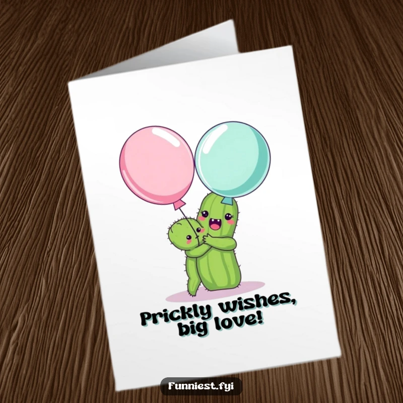 Funny Free Printable Birthday Card: Cheerful cactus attempting a hug with a startled balloon, perfect for laughs.