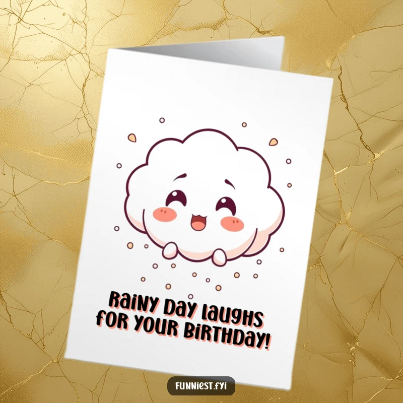 Funny free printable birthday card featuring a surprised little cloud character raining tiny particles of laughter, creating a cheerful atmosphere.