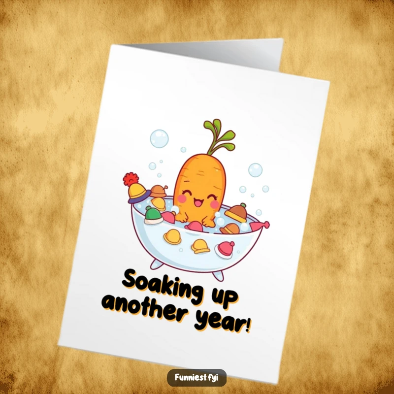 Funny Free Printable Birthday Card featuring a carrot character blissfully bathing in hats, spreading joy.