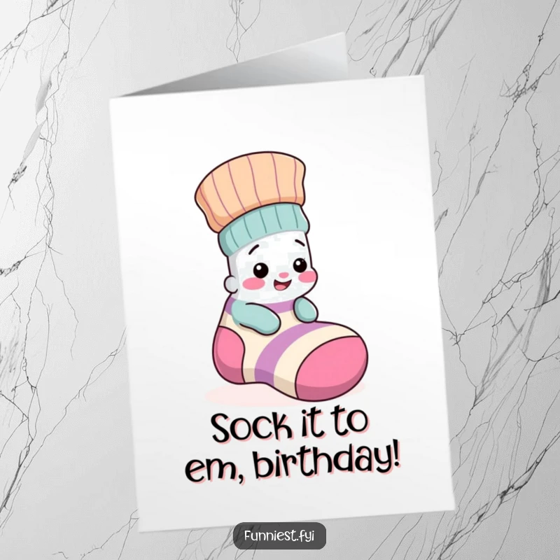 Funny Free Printable Birthday Card: Giggling sock peeks out from a larger, odd sock, spreading birthday joy.