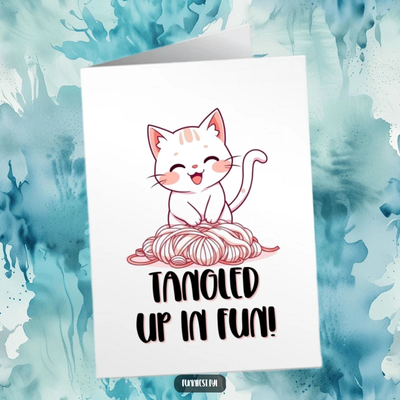 Funny Free Printable Birthday Card: Smiling cat character comically trips over its own tail, landing in a pile of yarn.
