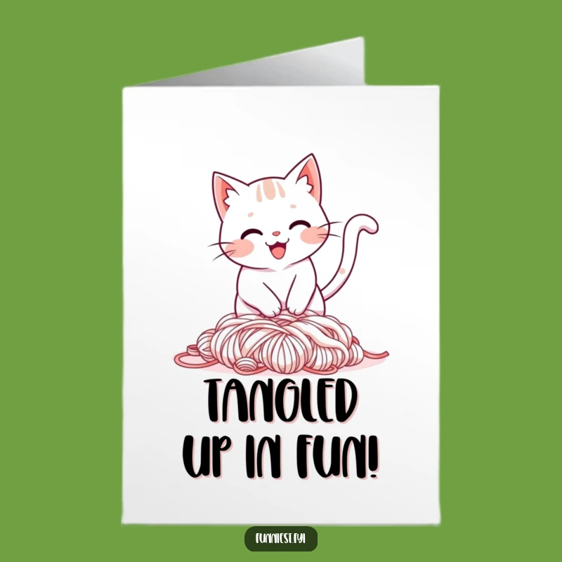 Free Printable Funny Birthday Card: Cat Trips on Tail in Yarn - Downloadable Gift