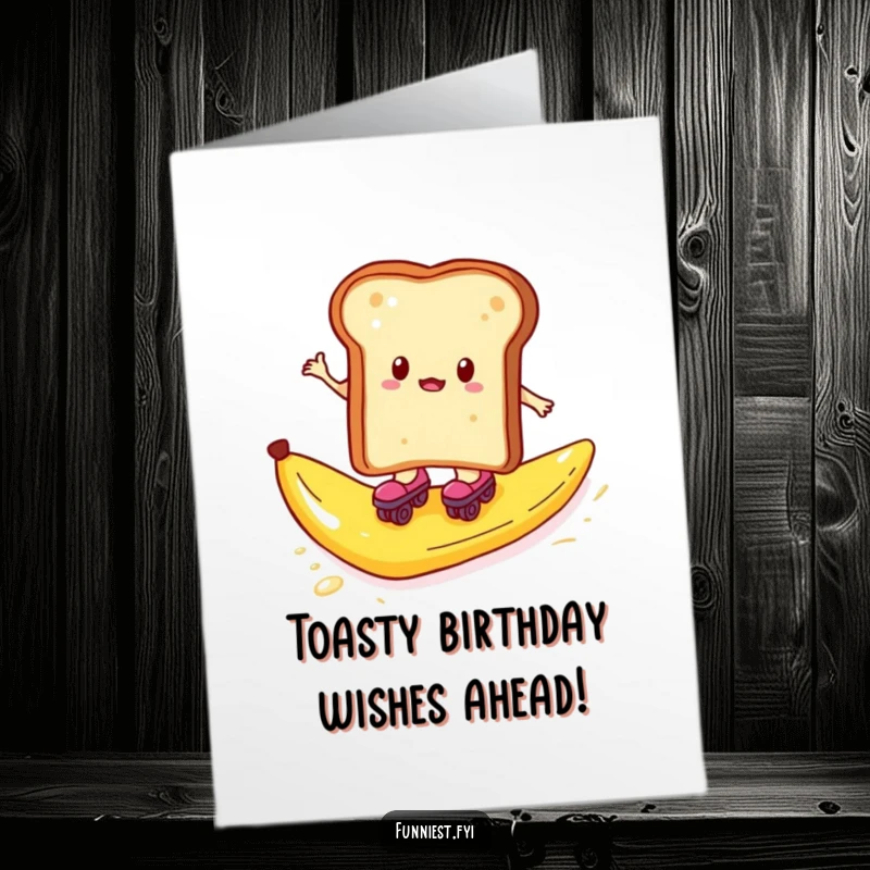 Funny Free Printable Birthday Card: Toast on roller skates hilariously slips on a banana peel, a comical birthday scene.