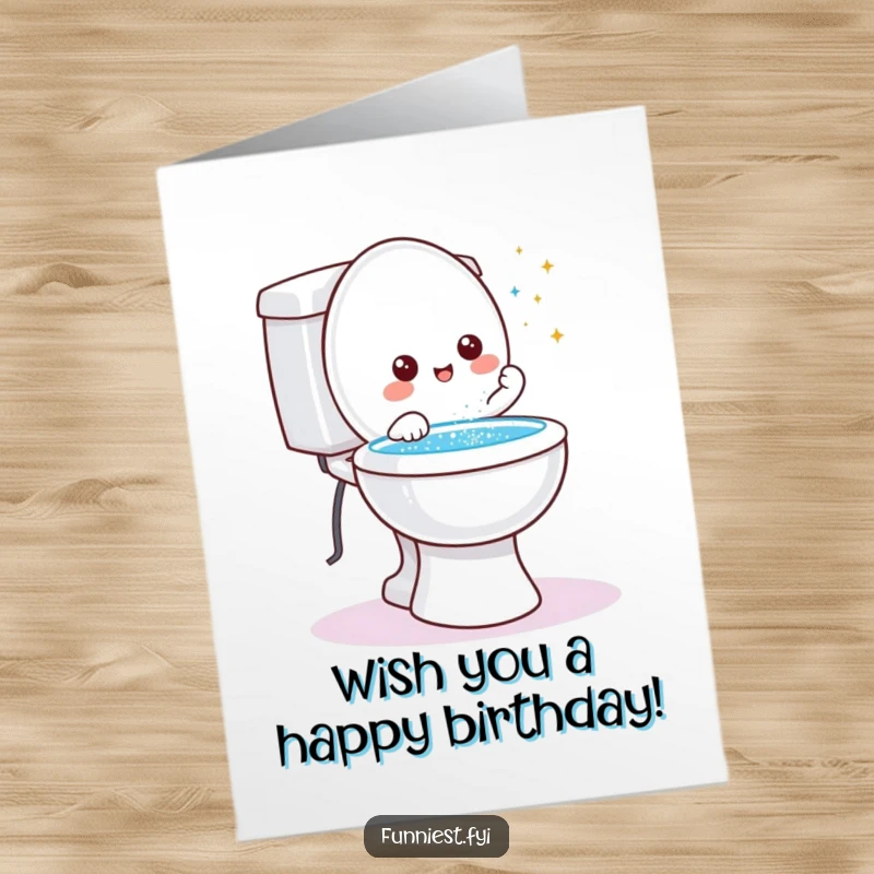 Funny free printable birthday card featuring a friendly toilet character granting a wish with a burst of glitter from its bowl.
