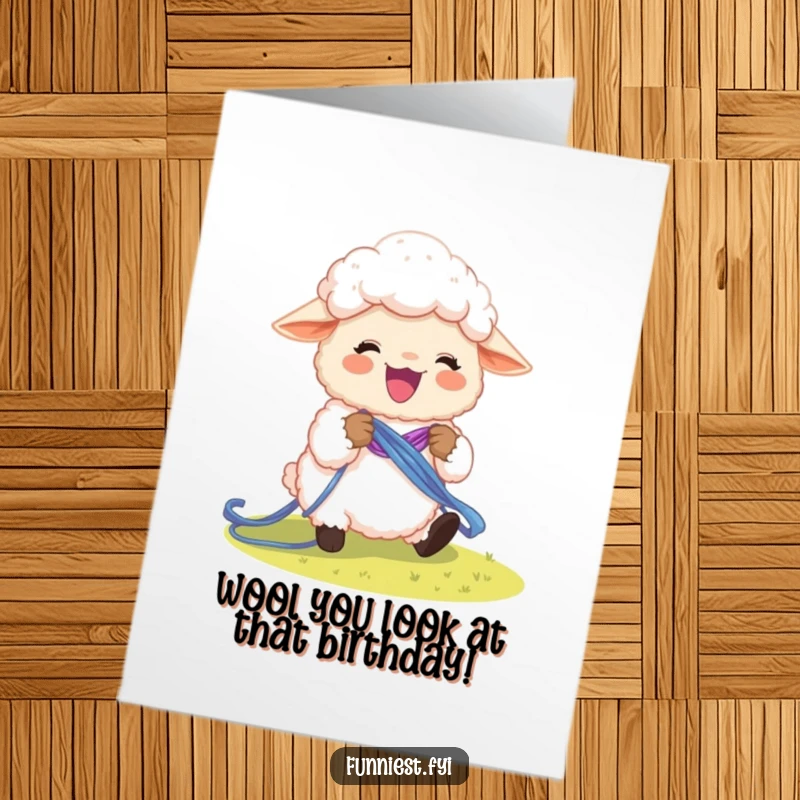 Free printable birthday card: an excited fluffy sheep character busily knitting a vibrant, colorful rainbow with yarn.