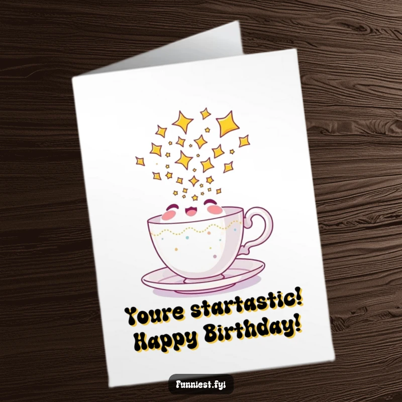 Funny Free Printable Birthday Card: Delighted teacup character pouring a cascade of shiny stars, expressing joy.