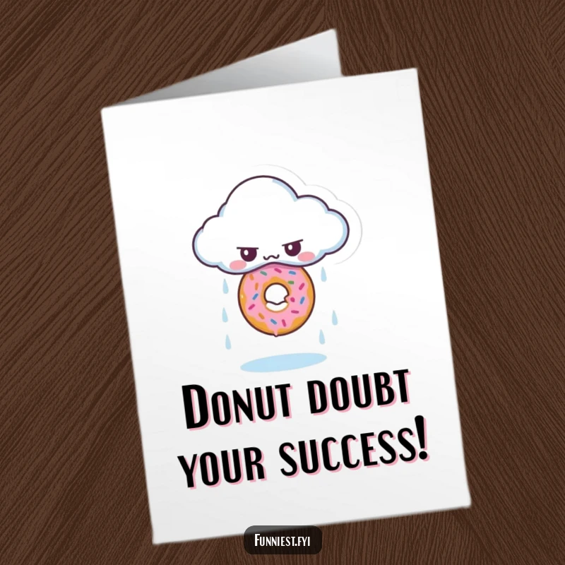 Funny Free Printable Congrats Card: Grumpy cloud character accidentally rains a single, perfect donut to celebrate.