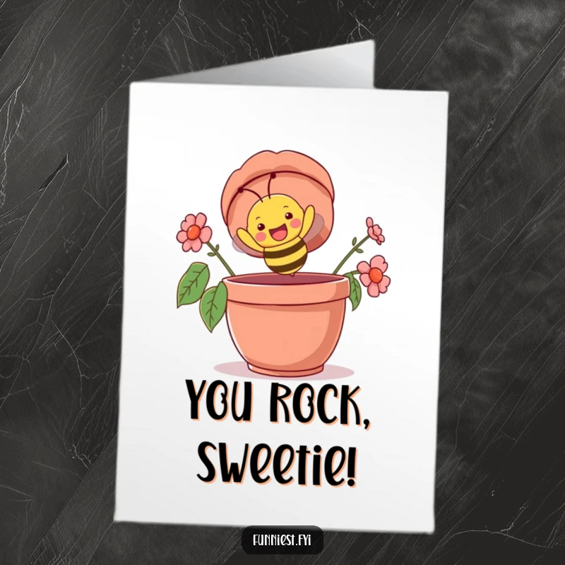 Funny Free Printable Congratulations Card: A happy bee diving headfirst, upside down, into a huge flowerpot.