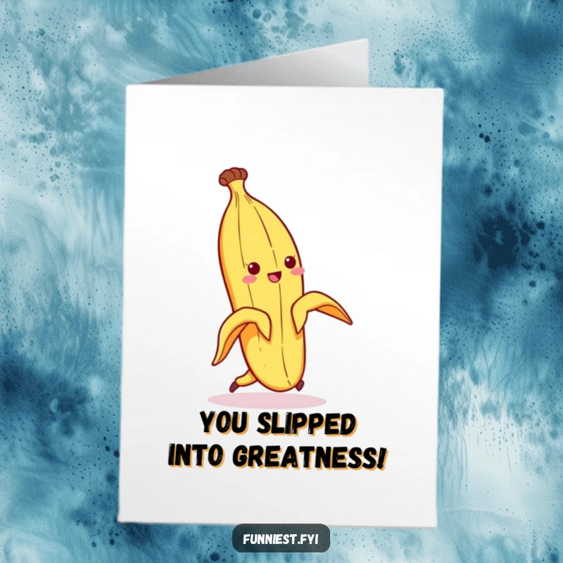 Funny Free Printable Congratulations Card: A banana peel character comically slipping on its own peel, arms flailing in surprise.