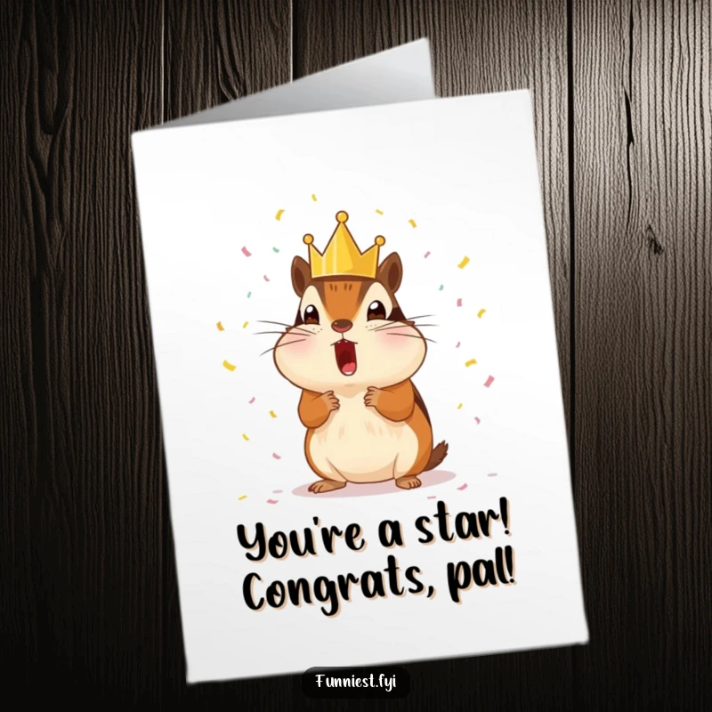 Funny Free Printable Congratulations Card: Surprised chipmunk wearing a tiny crown showered with confetti, a celebratory and humorous card.