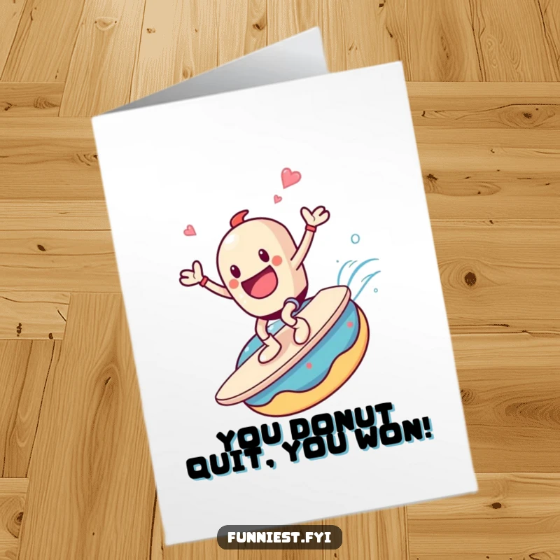 Funny Free Printable Congratulations Card: A cheerful coffee cup character joyfully surfing a giant donut like a wave.
