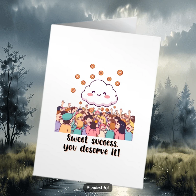 Funny Free Printable Congratulations Card featuring a cloud showering donuts onto a cheering crowd, a delightful reward.