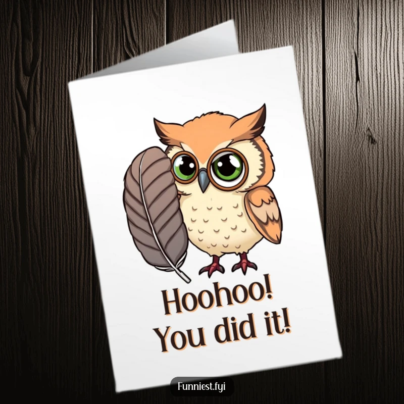 Funny Free Printable Congratulations Card: An owl wearing a monocle closely examines a giant feather, celebrating a discovery.