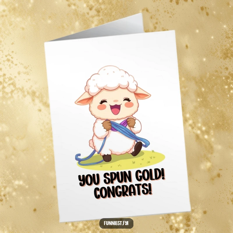 Free printable congratulations card: an enthusiastic sheep character excitedly knitting a beautiful, arcing rainbow with colorful wool.