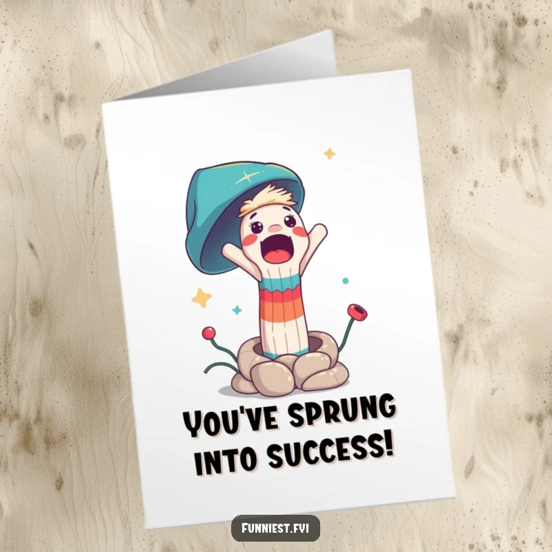 Funny Free Printable Congratulations Card: A sock puppet is launched skyward from a spring, looking utterly surprised and thrilled.