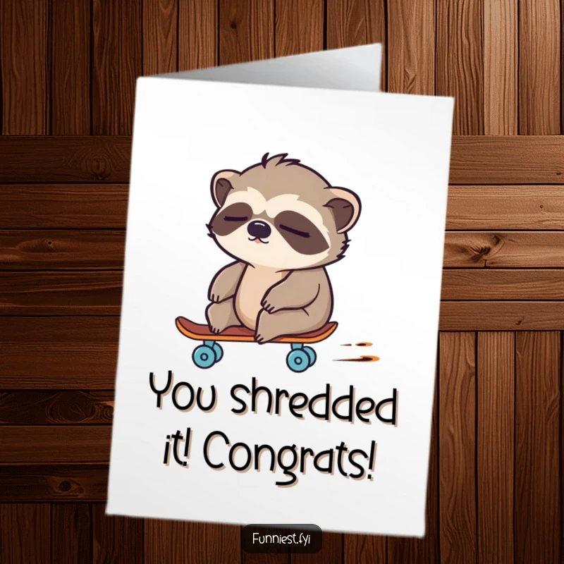 Funny free printable congratulations card: a drowsy sloth character blurs past on a tiny skateboard, embodying unexpected speed.