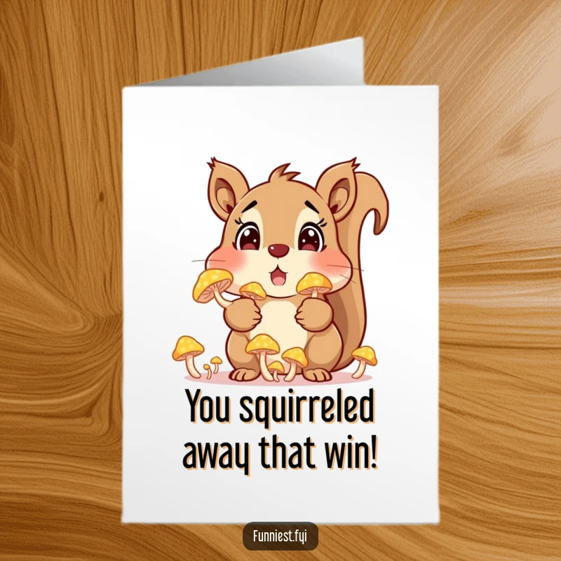 Funny Free Printable Congratulations Card: A surprised squirrel is caught with its cheeks comically stuffed full of brightly glowing mushrooms.