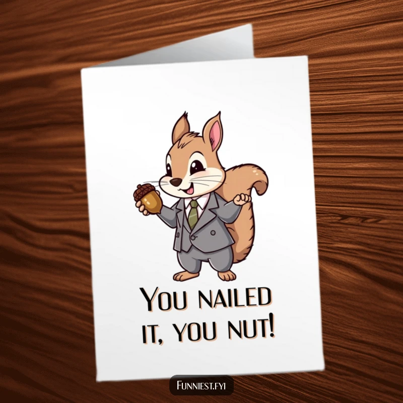 Funny Free Printable Congrats Card: Squirrel in a suit dramatically offering an acorn like a stunning, rare jewel.