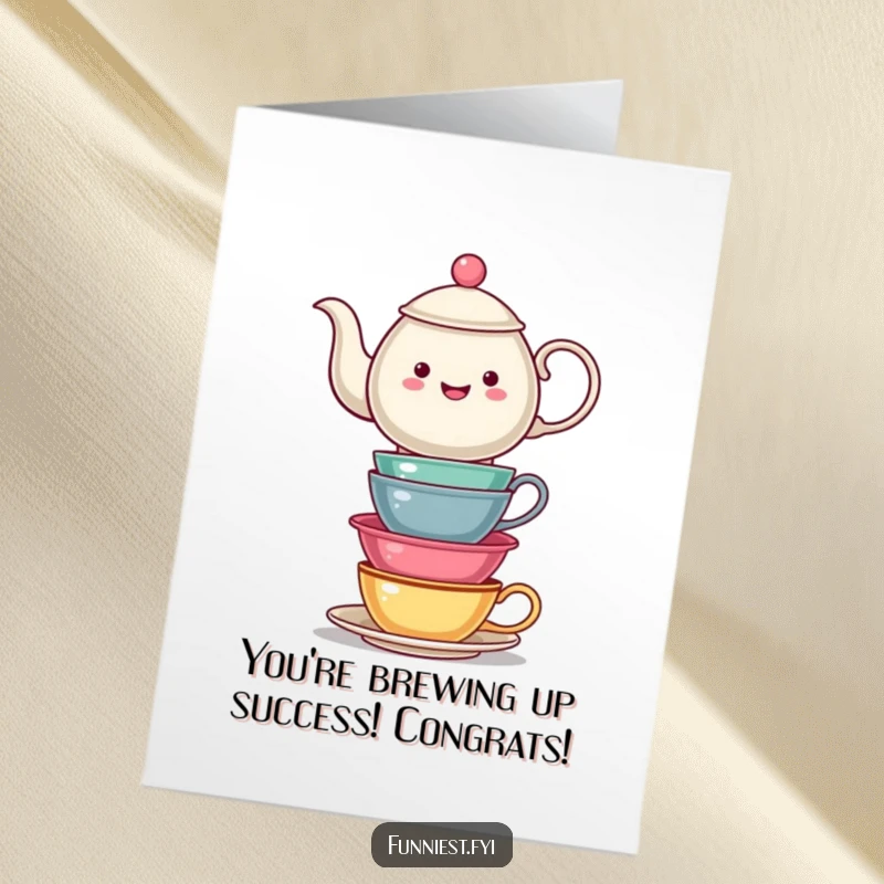 Funny Free Printable Congratulations Card: Teapot balancing a stack of teacups, symbolizing a perfect blend, downloadable gift.