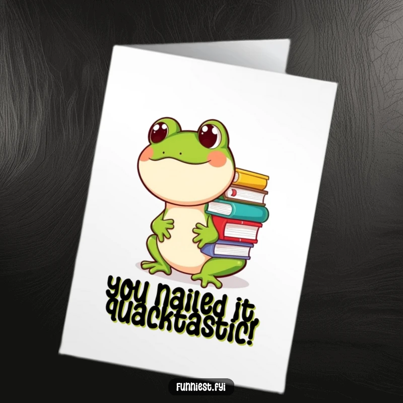 Free Printable Congratulations Card: A giggling frog comically balancing a tower of books on its nose.