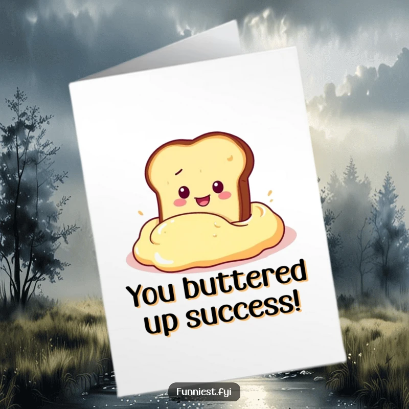 Funny Free Printable Congratulations Card showing a toast slice plunging into a huge butter dollop, a comical celebration.