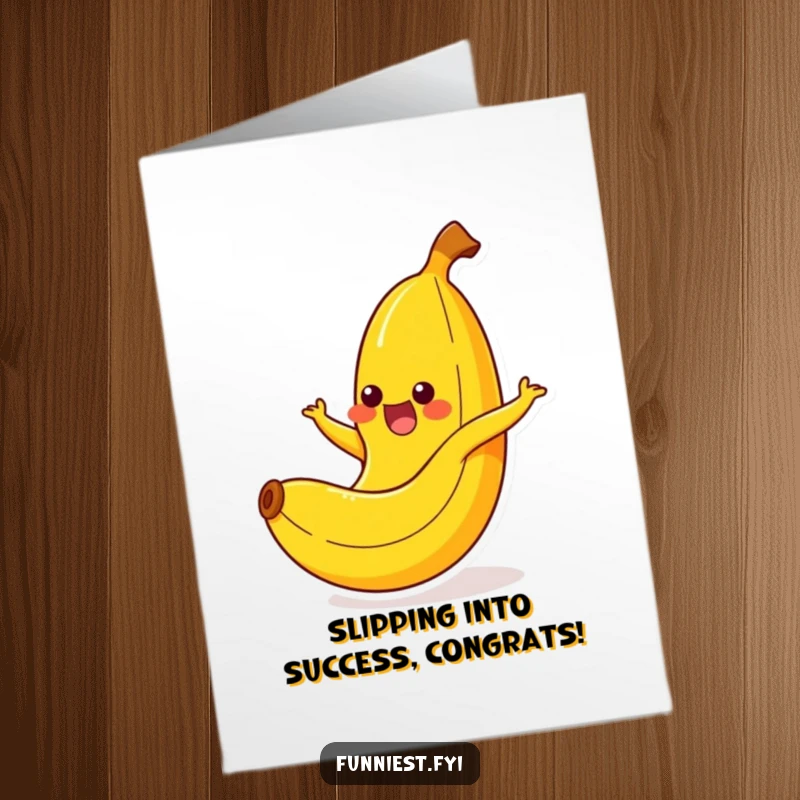 Funny free printable congratulations card showing a cheerful banana character slipping on its peel, symbolizing a humorous take on success.